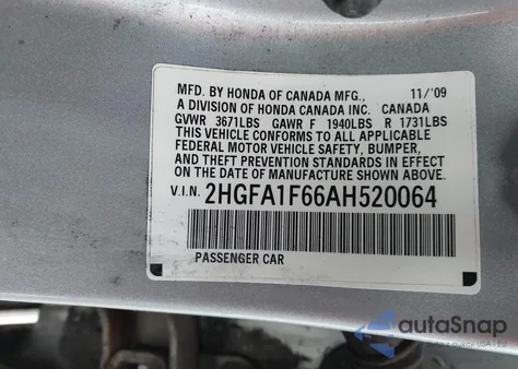 2010 Honda Civic Lx-S z USA, uszkodzony, nr VIN 2HGFA1F66AH520064